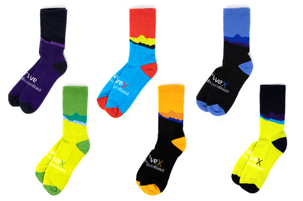 flat shot of all six of the swrve x the Collaborationist merino sock