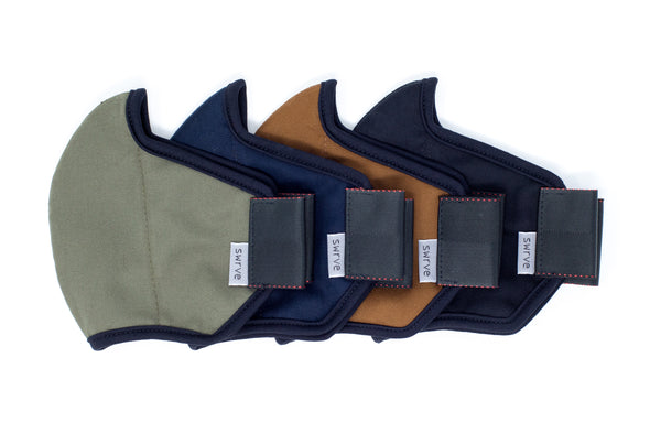 flat shot of the mid-summer cotton masks in jalapeno, navy, cocoa, and black