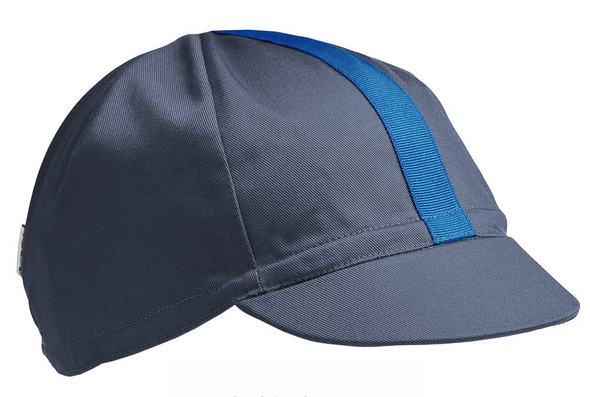 flat shot of the 4-panel cotton cap in blue-grey with a cyan ribbon