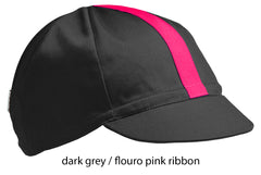flat shot of the dark grey 4 panel cap with fluorescent pink ribbon
