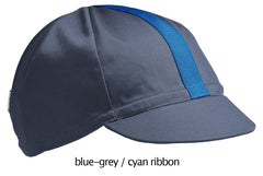 flat shot of the 4-panel cotton cap in blue-grey with a cyan ribbon