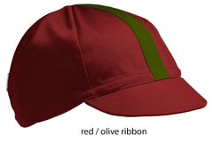 flat shot of the red 4 panel cotton cap with olive ribbon