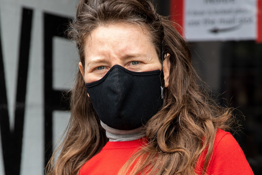 muriel wearing the 4 layer ponti wool mask in black in the adult fit