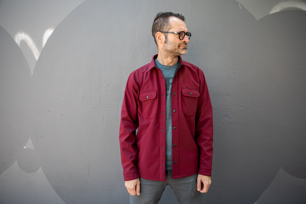 Matt wearing the 2019 winter shirt jacket in wine size medium