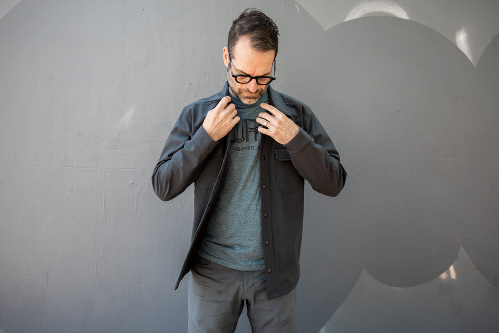 Matt wearing the 2019 winter shirt jacket in dark grey size medium