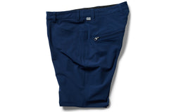 flat shot side details of the TRANSVERSE trouser shorts in blue
