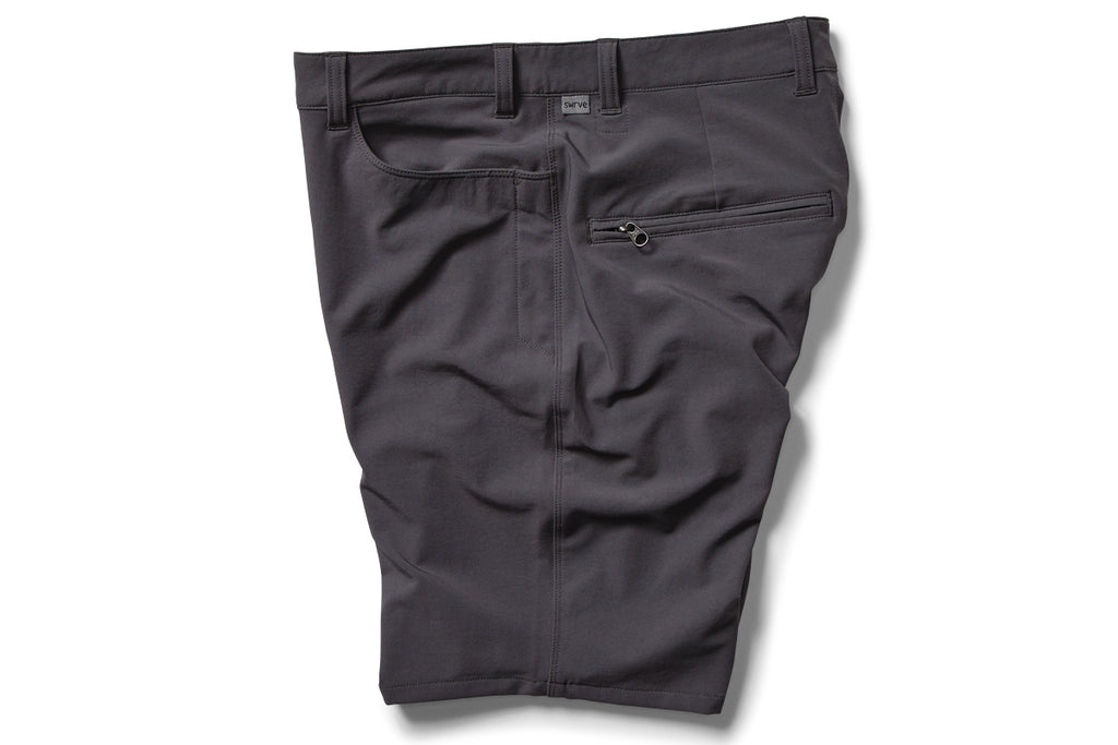 flat shot side details of the TRANSVERSE trouser shorts in grey